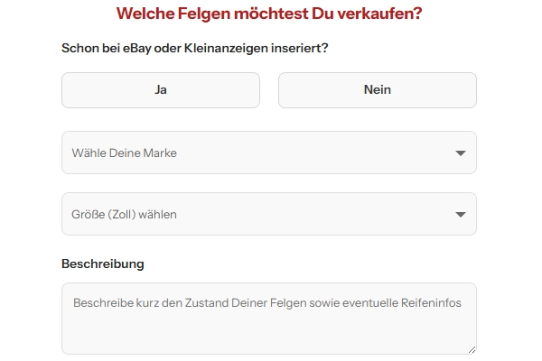 Felgenankauf Schritt 1 - Kunde füllt Online-Formular mit Felgendaten aus