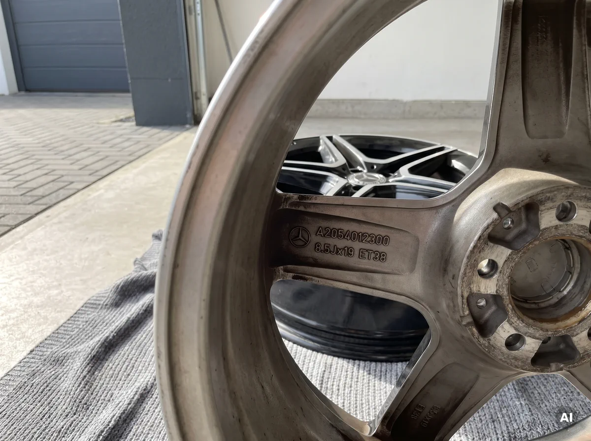 Felge Innenseite Teilenummer Mercedes Innenseite einer Mercedes-Alufelge mit eingegossener Teilenummer und Stern